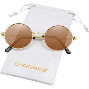 Chrorine Women's Gold Frame Brown Lens Hippie Round 70s Retro Sun Glasses